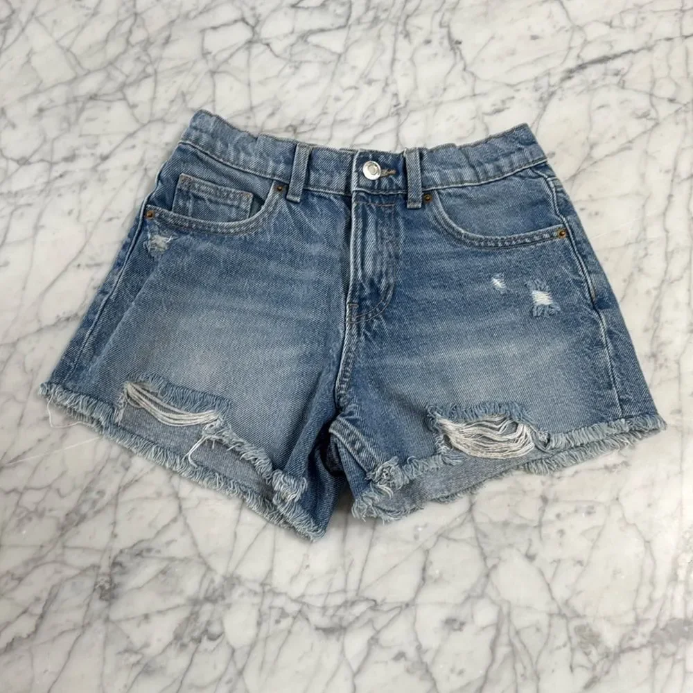 Zara Girls Short Blue Denim Frayed Hem Snap Front Distressed Sz 11/12